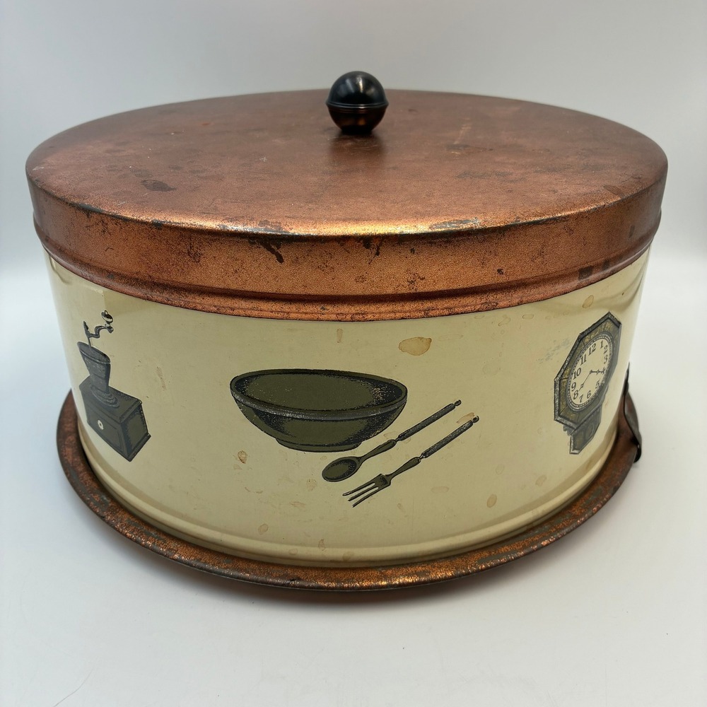 Vintage Tuttle Corporation Copper Cream Metal Cake Carrier Tin Kitchen Graphics